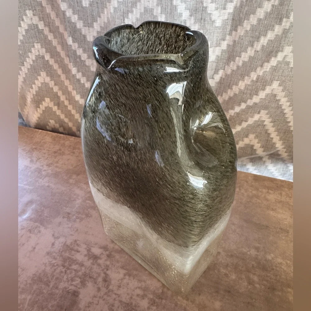 Smoked Bent Glass Decorative Vase - Green Accent